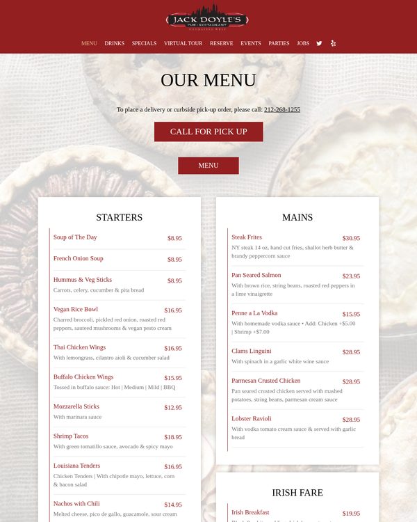 The top of the menu at Jack Doyle's