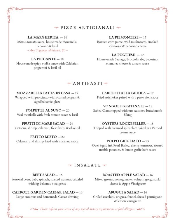 The first page of the menu at Marco Polo Ristorante