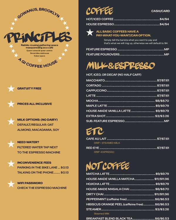 The first page of the menu at Principles GI Coffee House