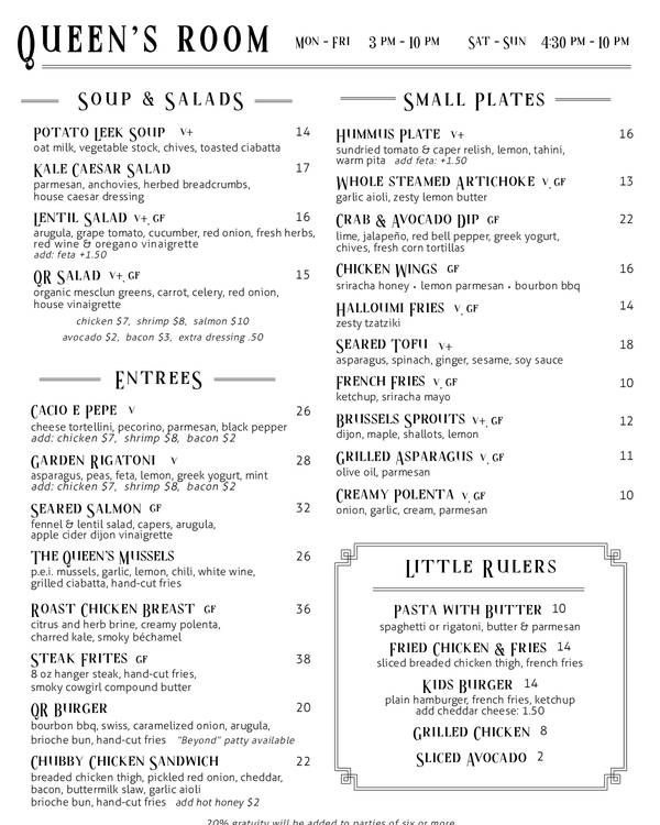 The first page of the menu at Queen's Room