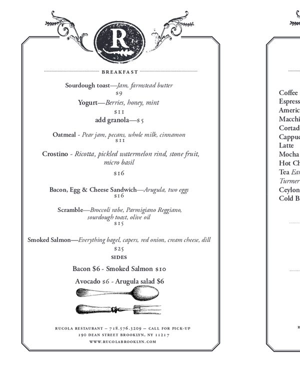 The first page of the menu at Rucola