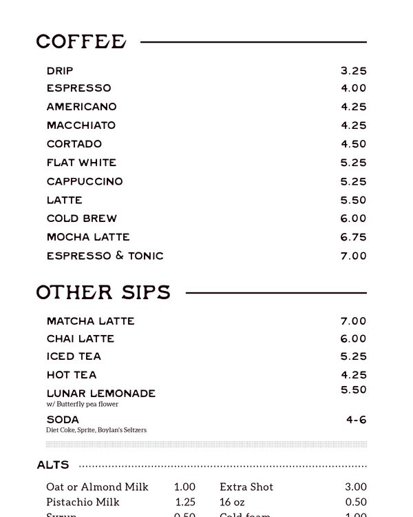 The first page of the menu at Saturn Road