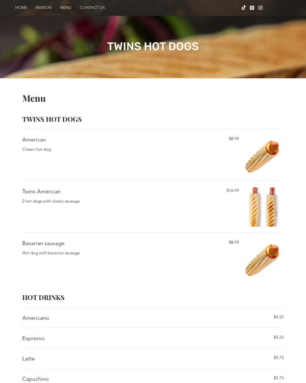 The top of the menu at Twins hot dogs