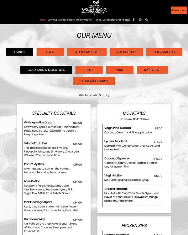 The top of the menu at Wicked Willy's