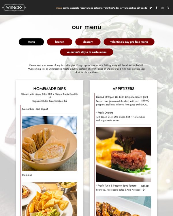 The top of the menu at Wine 30