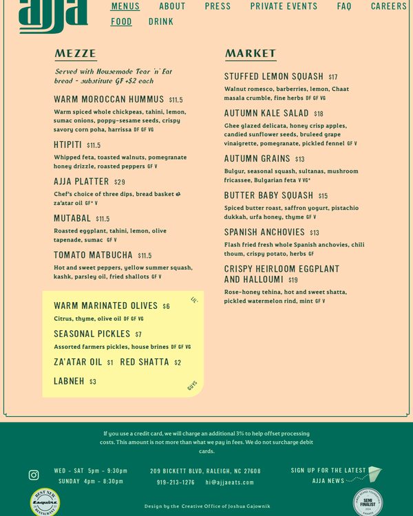 The top of the menu at Ajja