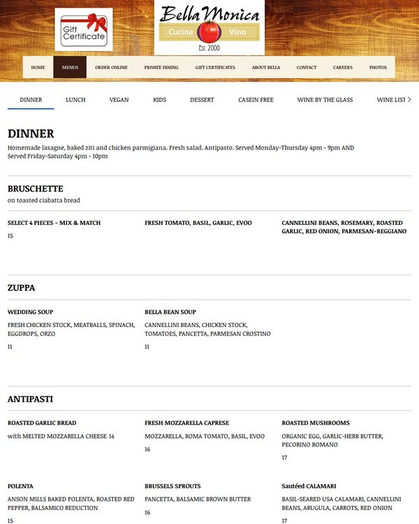 The top of the menu at Bella Monica