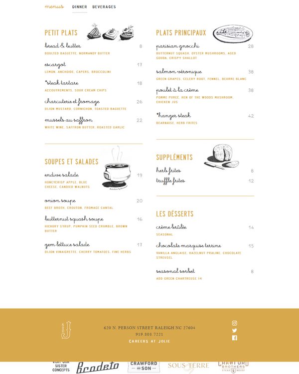 The top of the menu at Jolie Restaurant