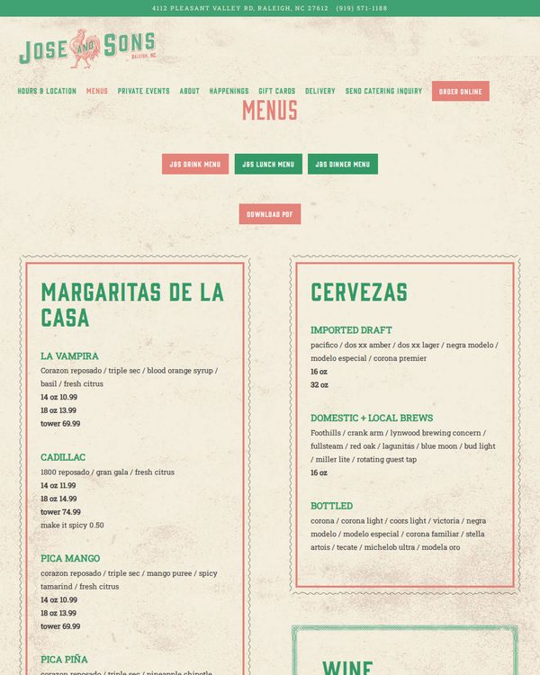 The top of the menu at Jose and Sons