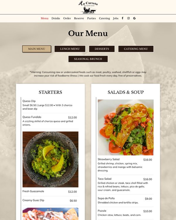 The top of the menu at La Carreta Mexican Restaurant