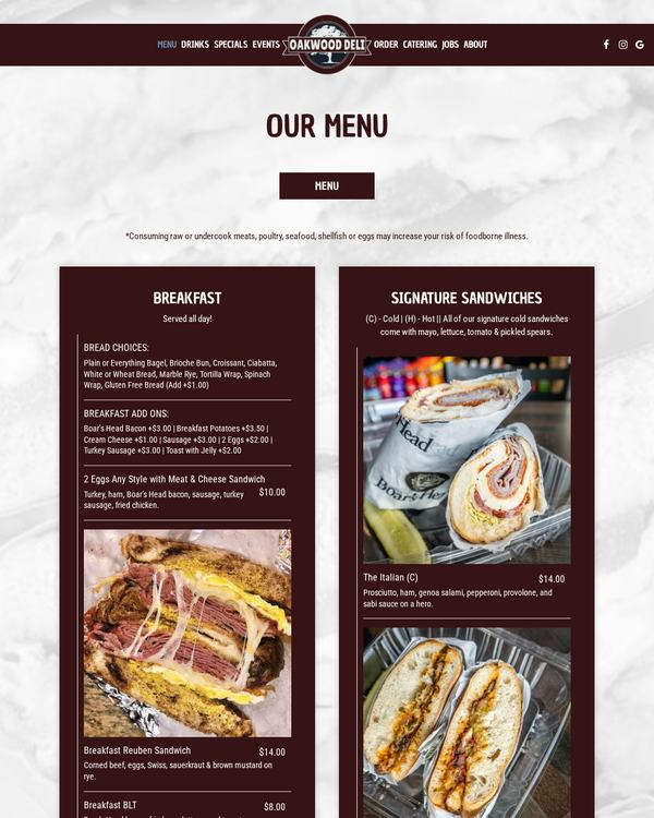 The top of the menu at Oakwood Deli