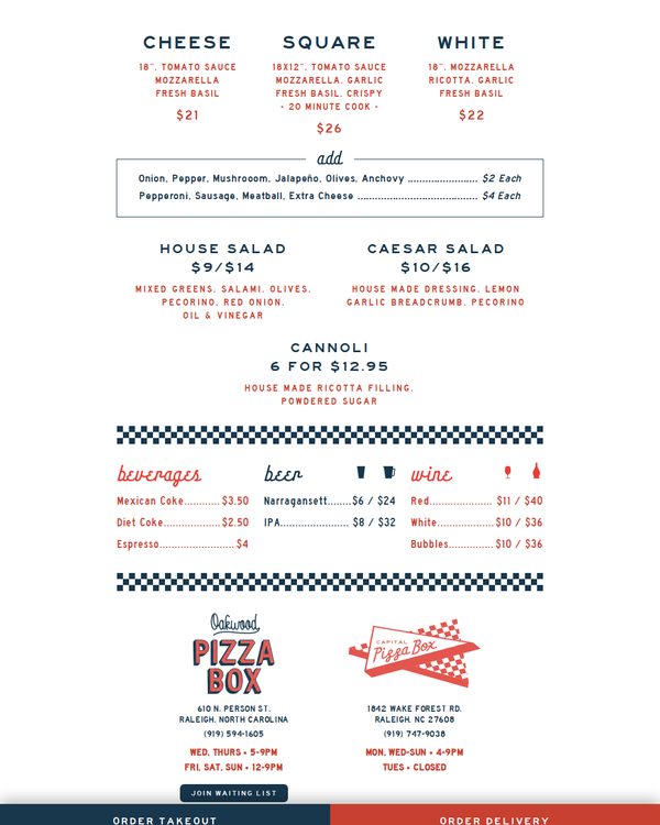 The top of the menu at Oakwood Pizza Box