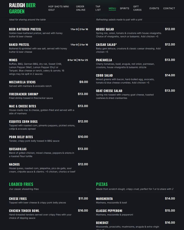 The top of the menu at Raleigh Beer Garden