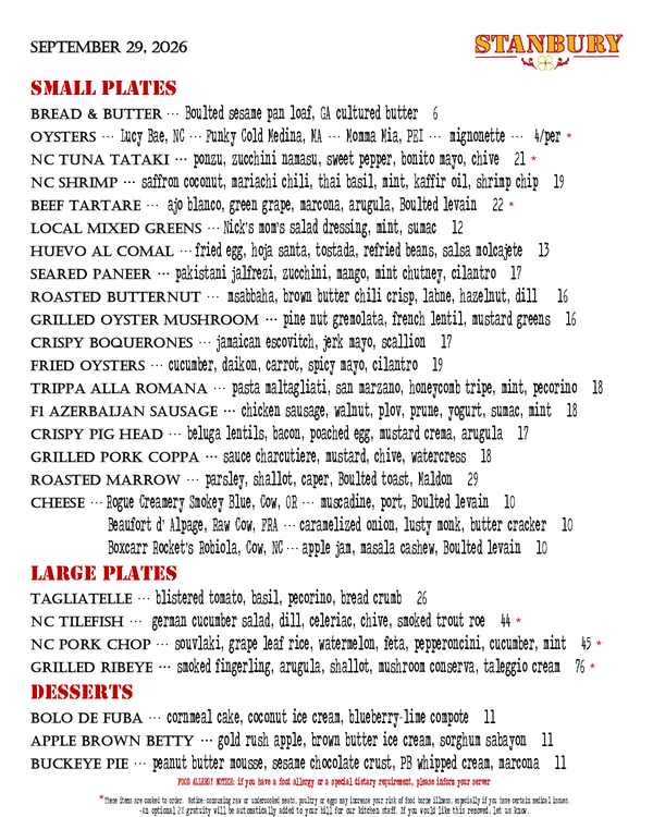 The first page of the menu at Stanbury
