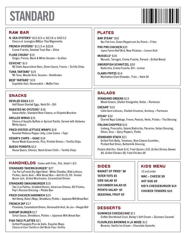 The first page of the menu at Standard Beer + Food