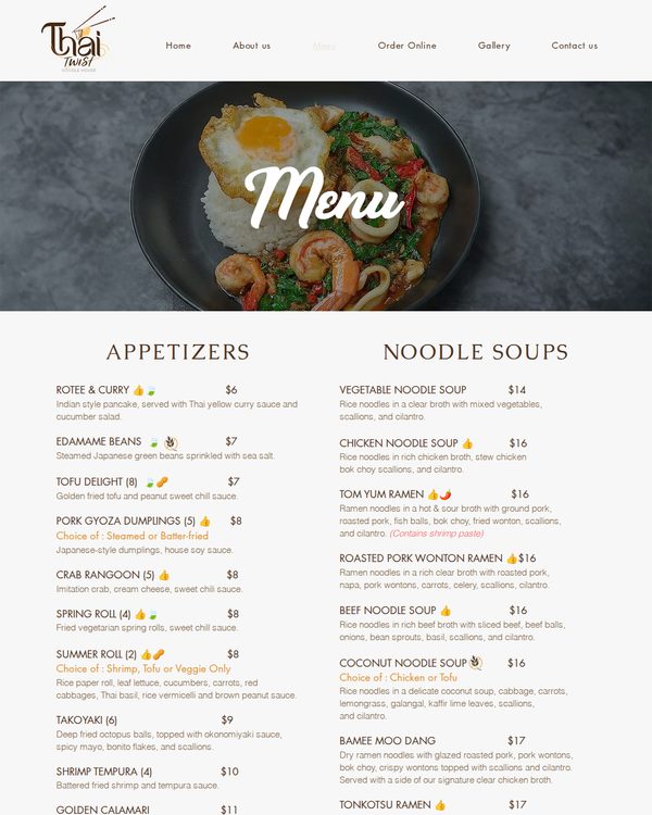 The top of the menu at Thai Twist Noodle House