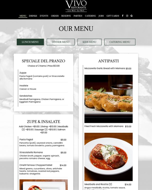 The top of the menu at Vivo Ristorante