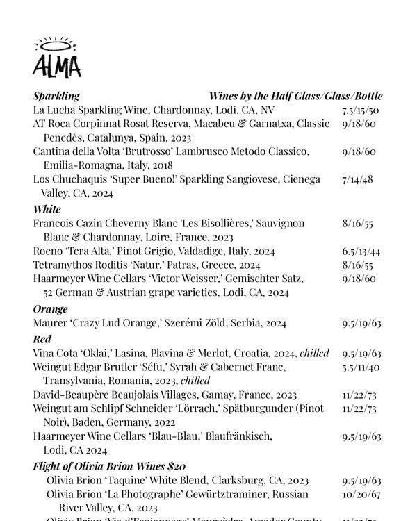 The first page of the menu at ALMA Wine Bar & Shop