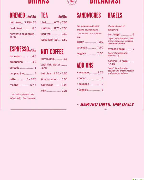 The top of the menu at Camellia Coffee Roasters