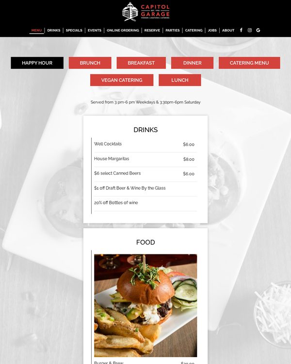 The top of the menu at Capitol Garage