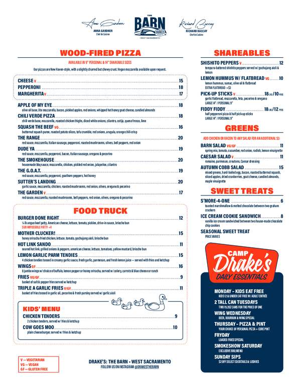 The first page of the menu at Drake's The Barn