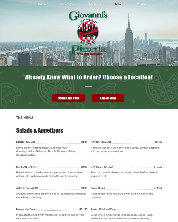 The top of the menu at Giovanni's Old World New York Pizzeria