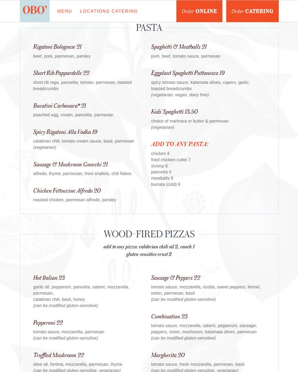 The top of the menu at OBO' Italian Table & Bar