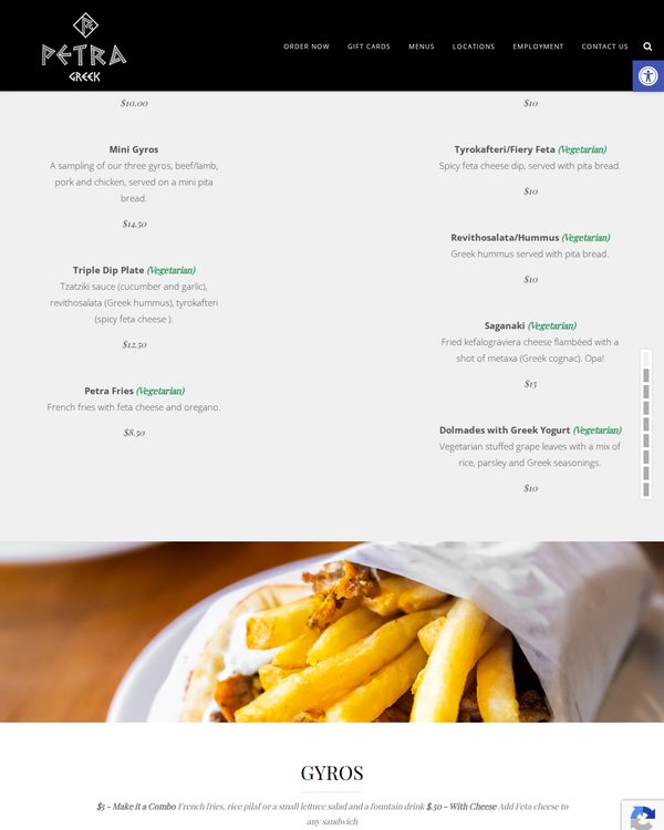 The top of the menu at Petra Greek Midtown