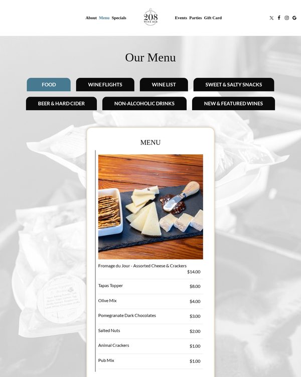 The top of the menu at 208 Wine Bar