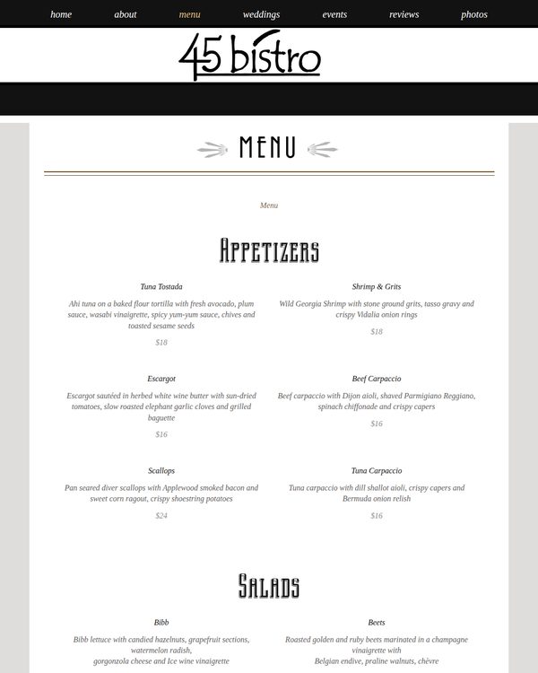 The top of the menu at 45 Bistro