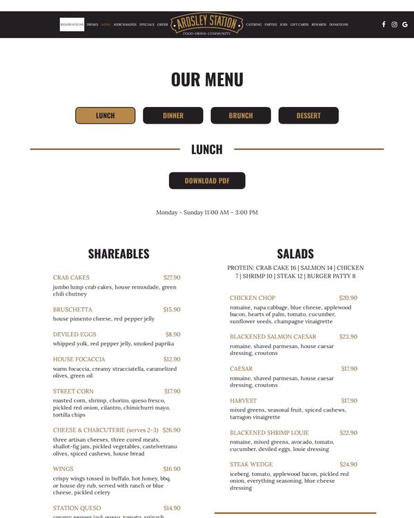 The top of the menu at Ardsley Station