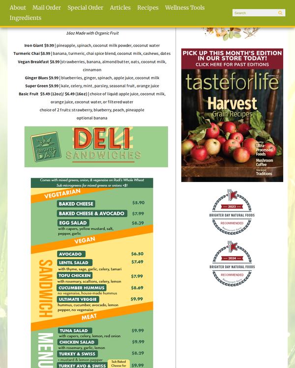 The top of the menu at Brighter Day Natural Foods
