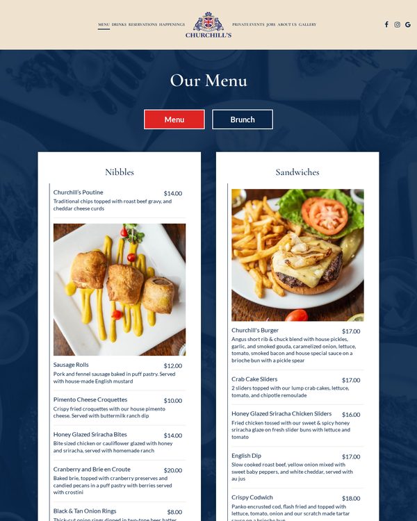 The top of the menu at Churchill's