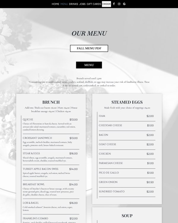 The top of the menu at Franklin's