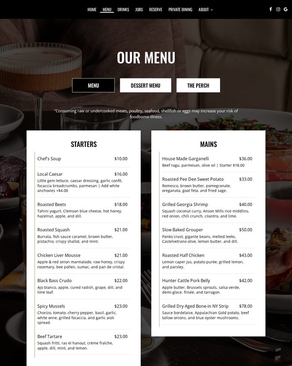 The top of the menu at Local 11ten