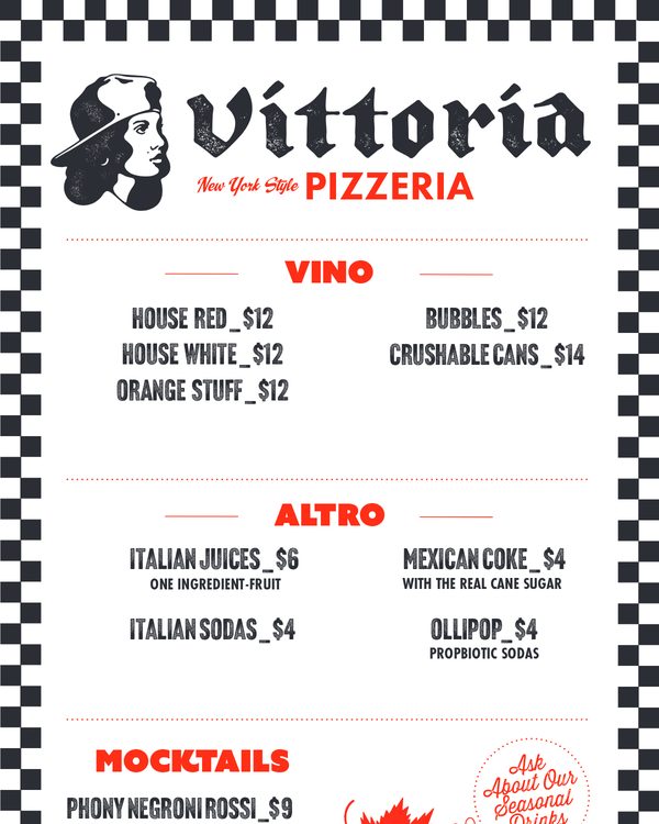 The first page of the menu at Vittoria Pizzeria
