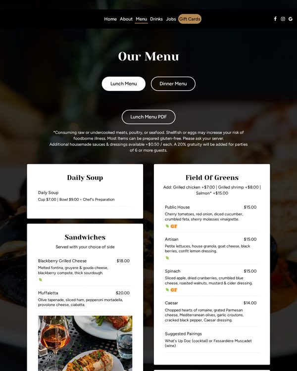 The top of the menu at The Public Kitchen & Bar