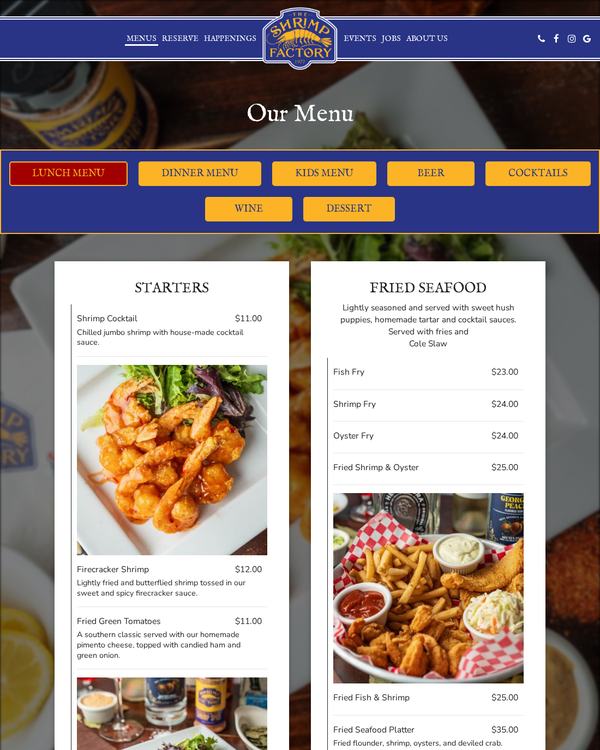 The top of the menu at The Shrimp Factory