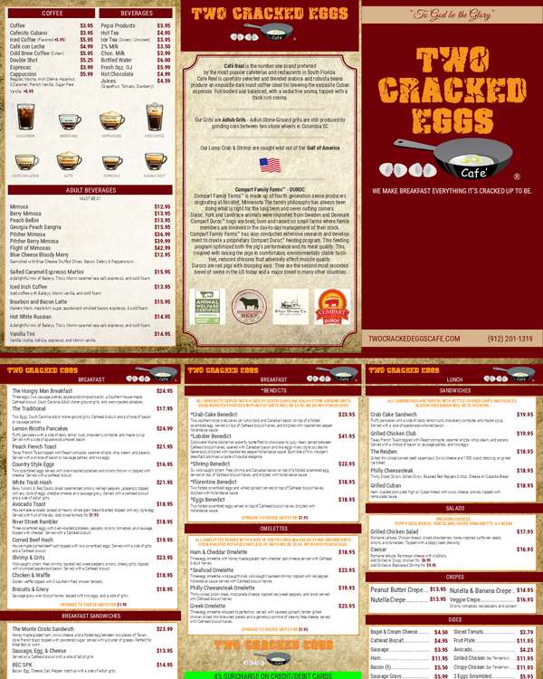 The first page of the menu at Two Cracked Eggs Cafe