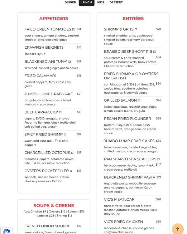 The top of the menu at Vic's on the River