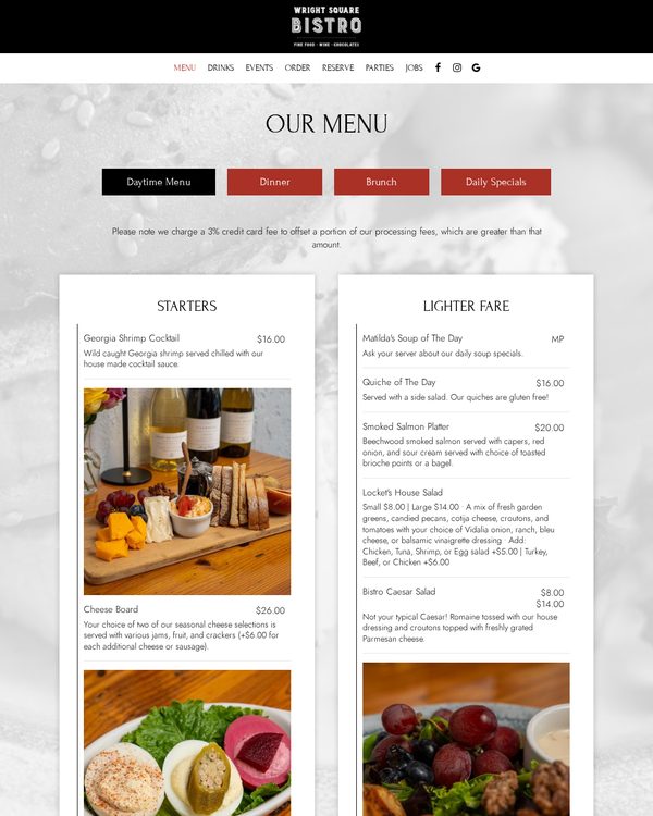 The top of the menu at Wright Square Bistro